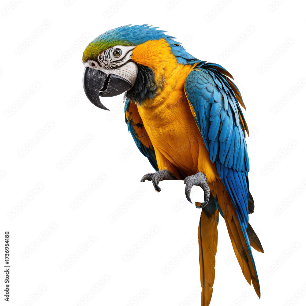 Obraz premium Vivid macaw, blue & yellow plumage, perched, black backdrop