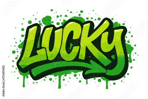 Lucky word in urban graffiti style. Textured vector lettering illustration. Spray paint calligraphy with splash effects and drops. Nostalgia for 1980s-1990s hip hop culture.