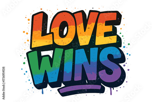 Rainbow graffiti Love Wins quote. Urban street art typography vector. LGBTQ+ pride month lettering. Textured paint spray illustration for t-shirt, poster, banner design.