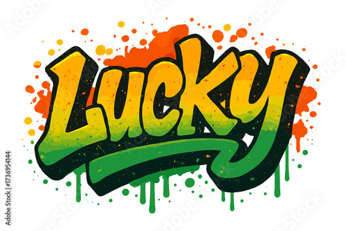 Lucky urban graffiti style lettering. Vector illustration in street art style with spray paint texture, drips and splashes. Retro 80s-90s typography design. Hip hop culture graphic.