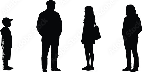 Silhouette of family group, father, mother, son, daughter, standing together, casual clothing, unity, children, adults, relatives, generations, people