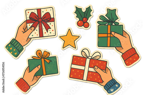 Hands holding Christmas gifts. Retro paper sticker collage set. Festive holiday presents with ribbons. Xmas celebration design elements. Halftone mixed media cartoon vector.