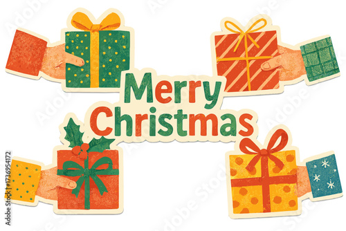 Merry Christmas vector illustration in a retro paper collage style. Hands holding and giving colorful decorated gift boxes or presents. Holiday season design element sticker set.