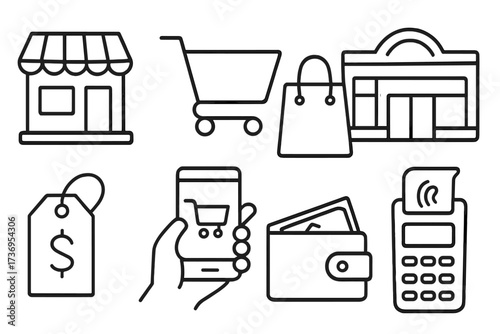 Shopping and retail line icon set. E-commerce vector symbols for online store, mobile payment, buying. Includes cart, bag, price tag, wallet, mall, and pos terminal.