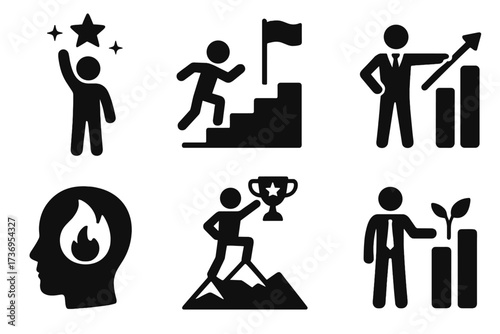 Set of icons for success, motivation, and growth. Pictograms for leadership, determination, and achieving goals. Vector symbols for career development and personal willpower.