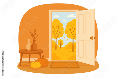 Open door into an autumn view with yellow trees. Cozy home interior with a table, vases and pumpkins. Concept of the fall season and a welcoming entrance. Flat illustration.