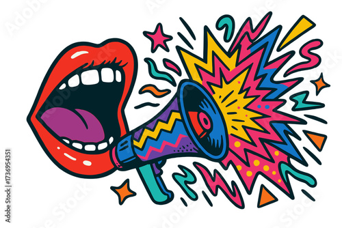 Pop art comic style mouth shouting in megaphone. Loudspeaker for announcement, promotion, or sale. Vector illustration in retro 80s 90s Y2K psychedelic aesthetic.