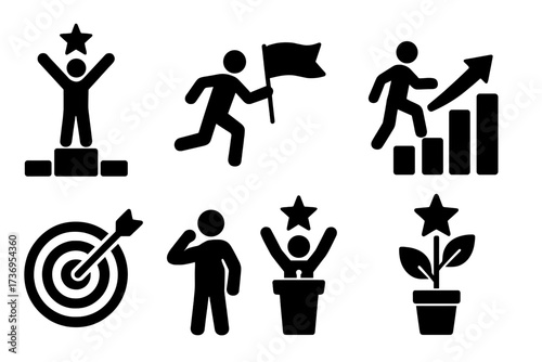 Success and motivation vector icon set. Concepts of leadership, determination, and growth. Pictograms of winner, reaching goals, career progress, hitting targets, and vision.