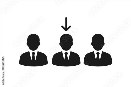 Job recruitment and hiring concept icon. Choosing a candidate for a job vacancy. Businessman person selection with arrow. Leadership, human resources, workforce team symbol.
