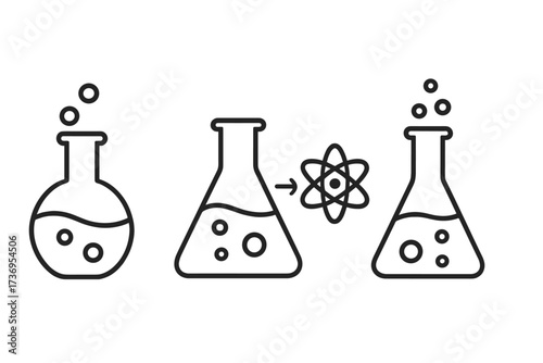 Set of chemistry line icons. Laboratory flasks with a bubbling chemical reaction. Science experiment concept. Atom, molecule, physics symbol. Vector for education, research.