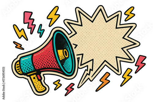 Retro pop art sticker with loudspeaker for crazy promotions. Megaphone with comic speech bubble, doodle lightning. Stylish 90s advertising design for sales and news. Vector.