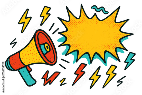 Retro pop art loudspeaker announcing crazy promotions. Vector illustration in a 90s comic style with speech bubble and lightning. Advertising, sale and marketing concept.