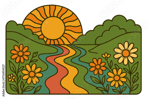Retro psychedelic landscape with rainbow river. Vintage 70s groovy hippie background with sunset and flowers. Contour hand drawn vector illustration for print or sticker.