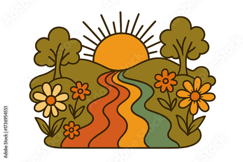 Vintage 70s groovy psychedelic landscape. Retro hippie background with sunset, rainbow river, flowers and trees. Hand drawn contour vector illustration for a peace and love vibe.
