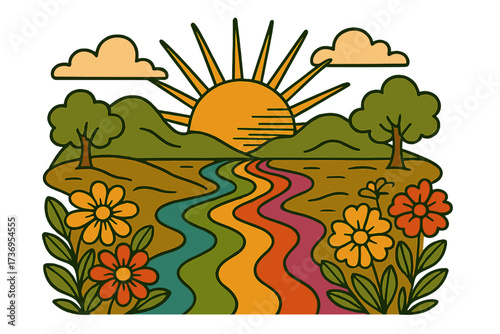 Retro psychedelic landscape with rainbow river, flowers, and sunset. Vintage hippie background in 70s groovy style. Hand drawn contour vector for peace and love posters.