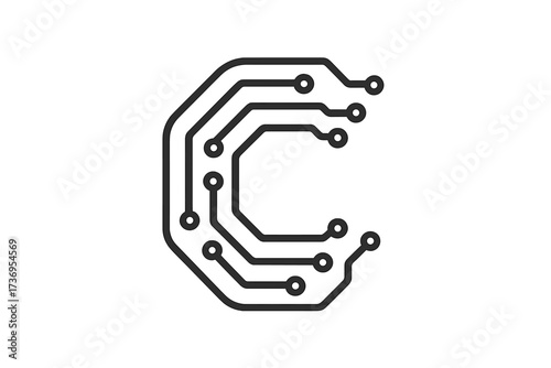 Letter C logo icon design. Vector template of a circuit board for technology & engineering. Minimalist graphic for hardware, digital interface, network, connection & tech concepts.