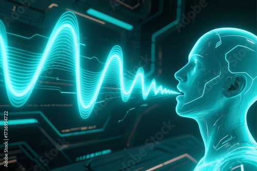 AI voice assistant speaking, futuristic digital sound wave emanating from a glowing human-like head amidst circuit patterns. Concept of artificial intelligence communication.