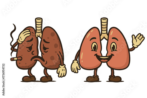 Healthy vs unhealthy lungs. Sad sick character smoking cigarette against happy healthy one. Dangers of tobacco, cancer concept. Retro cartoon mascot vector illustration comparison.