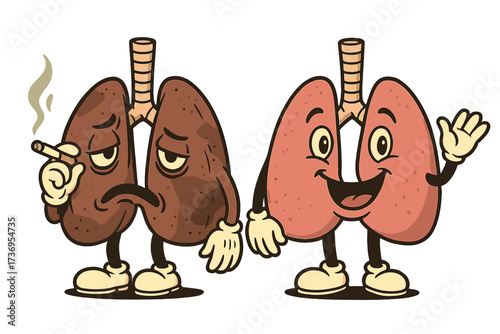 Sad sick lungs character smoking a cigarette vs a happy healthy one. Retro cartoon mascot vector illustration. Comparison of unhealthy smoker organ and a clean lung.