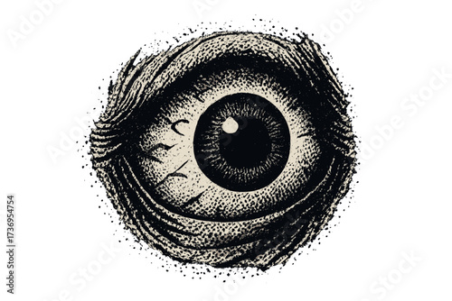 Scary eye with halftone effect. Vector illustration of a creepy, watching eyeball. Concept for horror, fear, and paranoia. Grunge retro comic art with bloodshot detail.