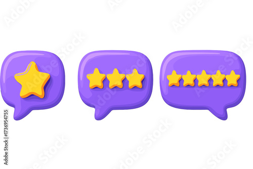 3D render speech bubbles with rating stars, feedback icons, rank symbols, customer satisfaction survey, service evaluation, opinion rating, plastic style graphic set