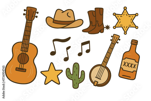 Hand drawn country music elements set with guitar, banjo, cowboy boots, hat, cactus, sheriff badge, music notes, star, and whiskey bottle for festival banners and postcards