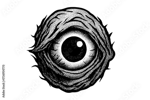 Scary monster eye with halftone effect. Vector illustration of a creepy eyeball. Concept of horror, fear, and paranoia. Hand-drawn demon or devil eye symbol of watching.
