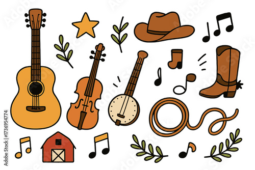 Hand-drawn country music elements vector set with guitar, banjo, violin, cowboy hat, boots, barn, musical notes, rope and star, flat doodle style for festival banners and postcards
