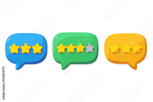 3D render speech bubbles with rating stars, plastic icons for rank, feedback, opinion survey, service evaluation, customer satisfaction, comment, review, user rating