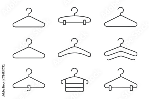 Clothing hanger icon collection. Simple minimalist outline vector set. For fashion, wardrobe, apparel, closet organization, laundry, and dry cleaning service concepts.