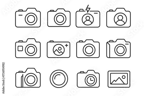 Photo camera line icon set. Collection of photography outline pictograms. Vector symbols for web design, apps, and user interface. Editable stroke minimalist icons.