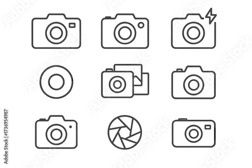 Photo camera line icon set. Vector photography outline symbol collection. Minimalist pictogram bundle with editable stroke. Digital camera, lens, flash, gallery for app & web.