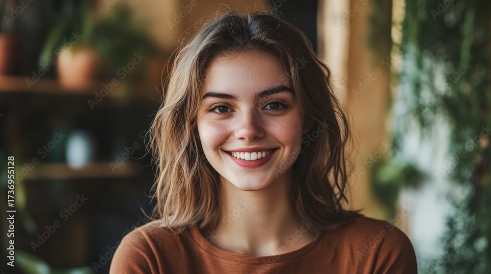 Obraz premium A young woman smiling confidently, looking directly at the camera, conveying positivity and approachability.