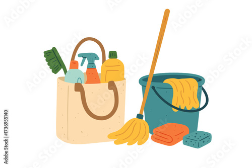 Spring cleaning shopping concept with eco bag filled with home cleaning products, plastic bucket with mop, hygiene items, domestic supplies for thorough household cleaning