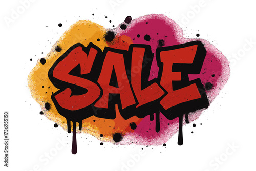 Urban graffiti style "SALE" word sprayed with overspray, colorful abstract background, textured street art illustration with paint leaks and drops, vibrant vector cartoon design
