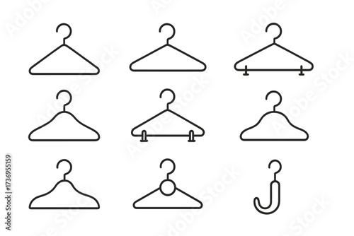 Clothing hanger outline icon set. Minimalist linear web pictograms for fashion and retail. Vector collection of wardrobe, closet, apparel, and laundry symbols with editable stroke.