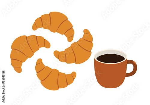 Four croissants and a cup of coffee, ideal for bakery menus, cafe promotions, breakfast advertisements, food blogs, and social media posts.