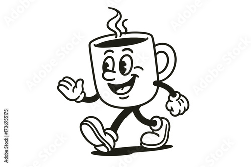 Vintage retro coffee cup character walking happily in the morning, hand-drawn contour illustration with smiling face, trendy breakfast mascot design, morning beverage cheer