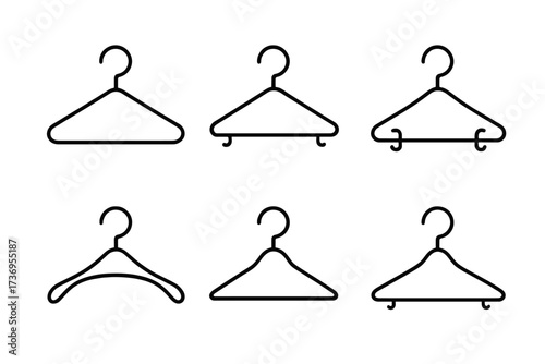 Clothing hanger line icon pack. Minimalist vector illustration set. Editable stroke pictogram for fashion, boutique, or laundry. Wardrobe, closet, and apparel symbols.