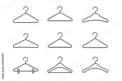 Hanger vector icon collection. Thin line outline clothing hangers set for closet, wardrobe, or laundry service. Simple minimalist apparel rack and hook pictogram for fashion.