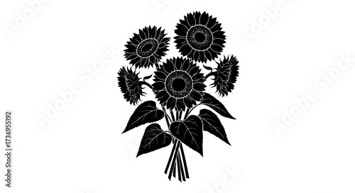 Bold sunflower bouquet silhouette against stark white backdrop illustration