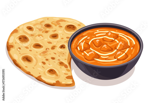 Perfect pairing of butter chicken curry and naan bread, ideal for culinary blogs, restaurant menus, and indian cuisine advertisements.