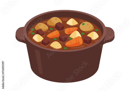Pot of hearty stew with beef, carrots, and potatoes in a rustic pot. Perfect for food blogs, recipes, and cookbooks.