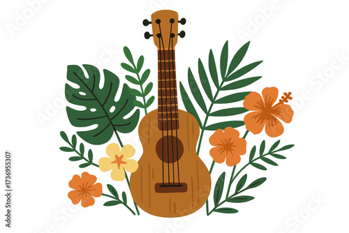 Tropical ukulele with lush green leaves and vibrant orange and yellow flowers, wooden acoustic guitar illustration for music store poster, band performance, summer vibe, vector hand-drawn style