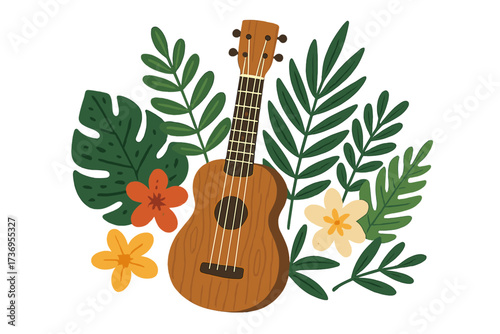 Tropical ukulele with lush green leaves and vibrant flowers, wooden acoustic guitar illustration for music festival, island vibes, summer music, tropical decor, hand-drawn vector art