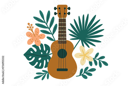 Tropical ukulele with vibrant leaves and flowers, wooden acoustic guitar illustration for music store poster, rock band banner, hand-drawn flat vector design with island vibe and summer theme