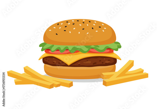 Tasty hamburger with cheese, lettuce, tomato, and fries. Perfect for food blogs, restaurant menus, and social media promotions.