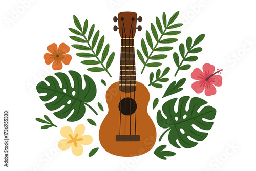 Tropical ukulele with wooden acoustic guitar surrounded by lush green leaves, colorful hibiscus and plumeria flowers, music instrument design, summer vibe, island sound, vector hand-drawn illustration