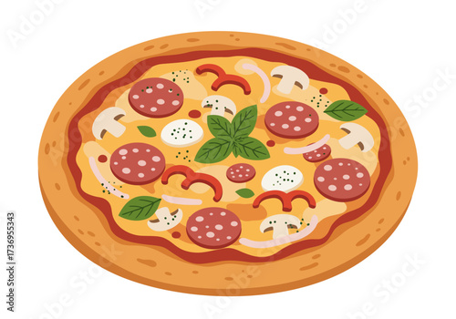 Pepperoni pizza with mushrooms, peppers, basil, and cheese. Ideal for food blogs, pizzerias, restaurants, recipe books, and social media posts.