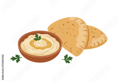 Bowl of hummus and pita bread, perfect for food blogs, menu designs, middle eastern cuisine promotions, and mediterraneanthemed websites.